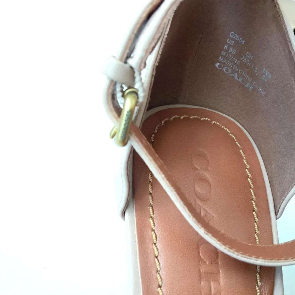 Coach Link Nude Beige Leather Block Heel Ankle Strap Sandals Dress Shoes 8.5